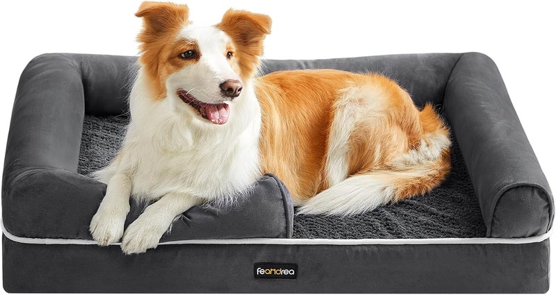 FEANDREA Orthopaedic Dog Bed, Dog Cushion, Dog Basket, Soft Padding, Dog Sofa, Raised Edges, Removable and Washable Cover, 91 x 63 x 18 cm, Non-Slip Backing, Dark Grey PGW076G01V1 - Image 1