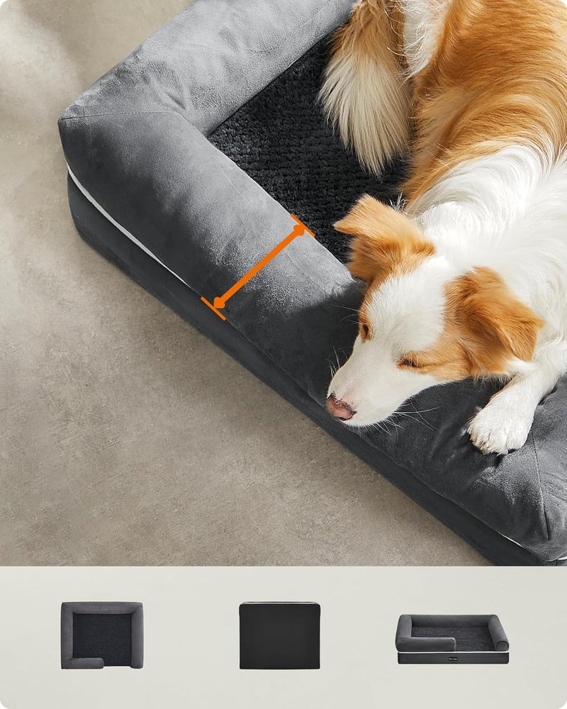 FEANDREA Orthopaedic Dog Bed, Dog Cushion, Dog Basket, Soft Padding, Dog Sofa, Raised Edges, Removable and Washable Cover, 91 x 63 x 18 cm, Non-Slip Backing, Dark Grey PGW076G01V1 - Image 4