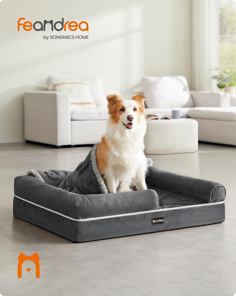 FEANDREA Orthopaedic Dog Bed, Dog Cushion, Dog Basket, Soft Padding, Dog Sofa, Raised Edges, Removable and Washable Cover, 91 x 63 x 18 cm, Non-Slip Backing, Dark Grey PGW076G01V1 - Image 2