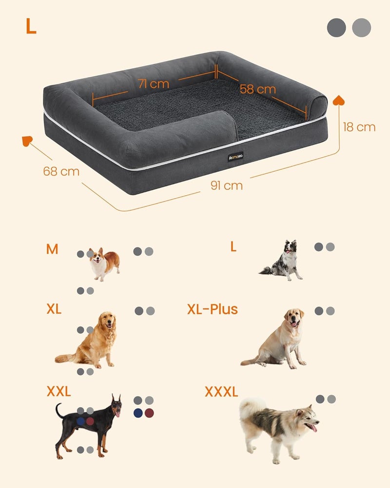 FEANDREA Orthopaedic Dog Bed, Dog Cushion, Dog Basket, Soft Padding, Dog Sofa, Raised Edges, Removable and Washable Cover, 91 x 63 x 18 cm, Non-Slip Backing, Dark Grey PGW076G01V1 - Image 5