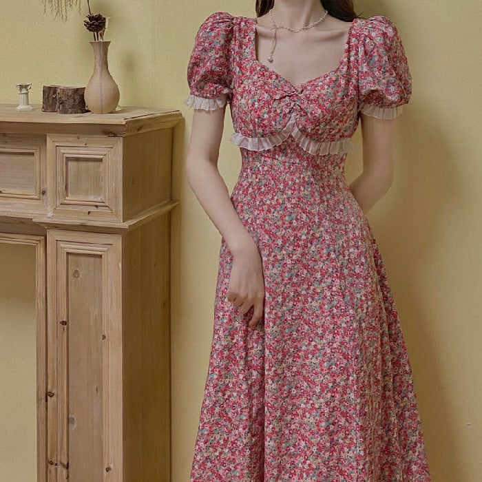 Chic French Square Neck Dress Waist Slimming Summer Picture Color 