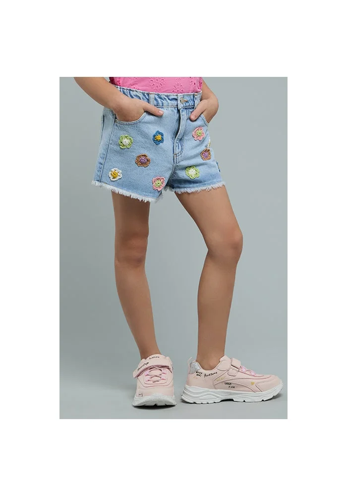 أر أند بي Embroidered Denim Shorts with Button Closure