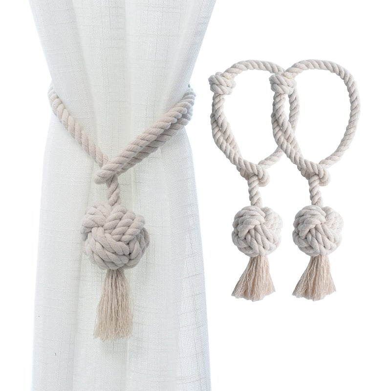 JQWUPUP 2 Pack Rustic Curtain Tiebacks - Outdoor Curtain Drapery Holdbacks Holders - Decorative Hand Knitting Drape Cotton Tie Backs Rope for Sheer and Blackout Curtain (Set of 2, Beige) - Image 1