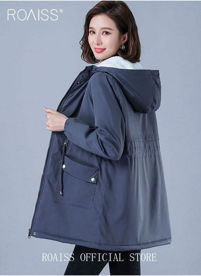 roaiss Women Jackets Hooded Windbreaker Female Fleece Warm Thick Cotton Padded Women Mid-Length Plus Fleece Hooded Cotton Jacket Women Zip-In Hooded Coat.  - Image 4