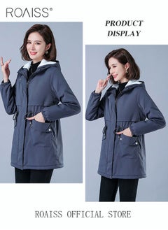 roaiss Women Jackets Hooded Windbreaker Female Fleece Warm Thick Cotton Padded Women Mid-Length Plus Fleece Hooded Cotton Jacket Women Zip-In Hooded Coat.  - Image 1