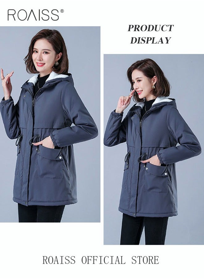 roaiss Women Jackets Hooded Windbreaker Female Fleece Warm Thick Cotton Padded Women Mid-Length Plus Fleece Hooded Cotton Jacket Women Zip-In Hooded Coat.  - Image 1