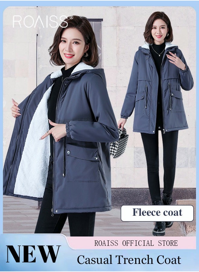 roaiss Women Jackets Hooded Windbreaker Female Fleece Warm Thick Cotton Padded Women Mid-Length Plus Fleece Hooded Cotton Jacket Women Zip-In Hooded Coat.  - Image 2