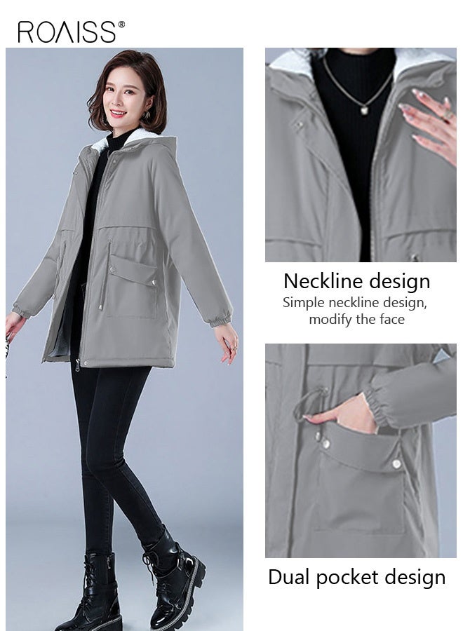 رويس سترة نسائية مانعة للرياح بقبعة، مبطنة بالصوف الدافئ والقطن السميك، تصميم وسط الطول، مزودة بقبعة وسحاب للإغلاق، تصميم عصري ومريح يناسب الأوقات اليومية، يمكن استخدامها في فصل الشتاء البارد للنساء. - Image 5