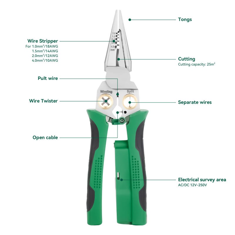 TRYGYY 8 In 1 Wire Stripper With Voltage Tester, Multi-Function Electric Wire Stripping Tool For Cutting And Pulling Pliers, Electrician Repair Tool, Wire Strippers Electrical (Green) - Image 4