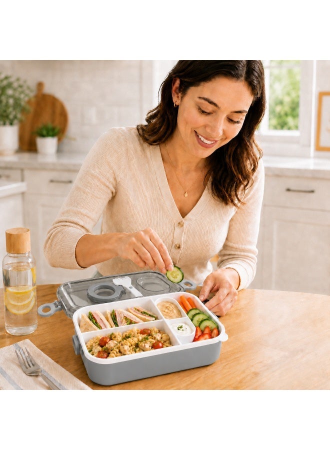 2-Tier Bento Lunch Box, 2000 mL, with Compartments, Spork, Sauce Cup and Carry Handle, BPA-Free PP5 - Grey - Image 4