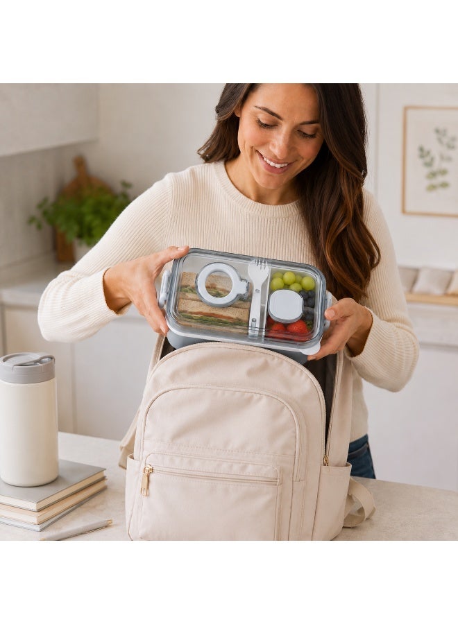 2-Tier Bento Lunch Box, 2000 mL, with Compartments, Spork, Sauce Cup and Carry Handle, BPA-Free PP5 - Grey - Image 5