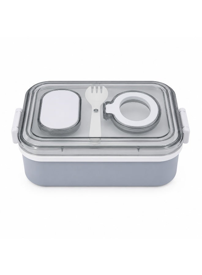 2-Tier Bento Lunch Box, 2000 mL, with Compartments, Spork, Sauce Cup and Carry Handle, BPA-Free PP5 - Grey - Image 1