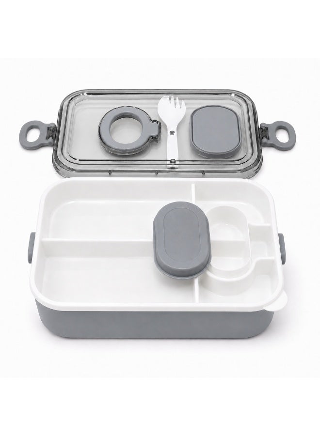 2-Tier Bento Lunch Box, 2000 mL, with Compartments, Spork, Sauce Cup and Carry Handle, BPA-Free PP5 - Grey - Image 3