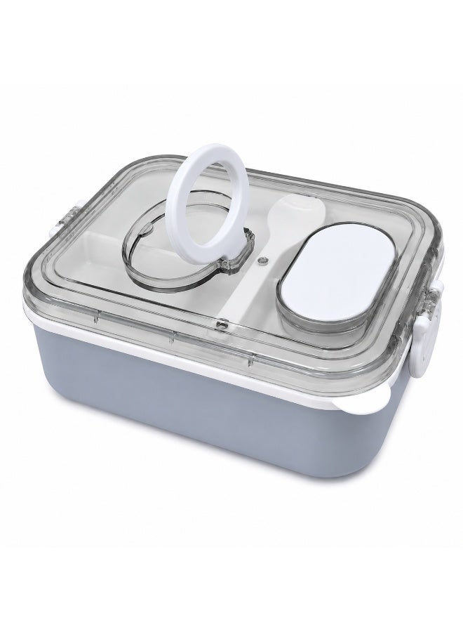2-Tier Bento Lunch Box, 2000 mL, with Compartments, Spork, Sauce Cup and Carry Handle, BPA-Free PP5 - Grey - Image 2
