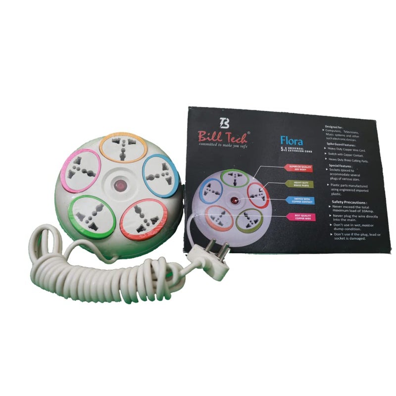 Bill Tech Bill tech 5 in 1 Round Multipurpose Extension Cord 5 Three Pin Socket with Led Indicator Multicolour 2 Year Warranty  - Image 2