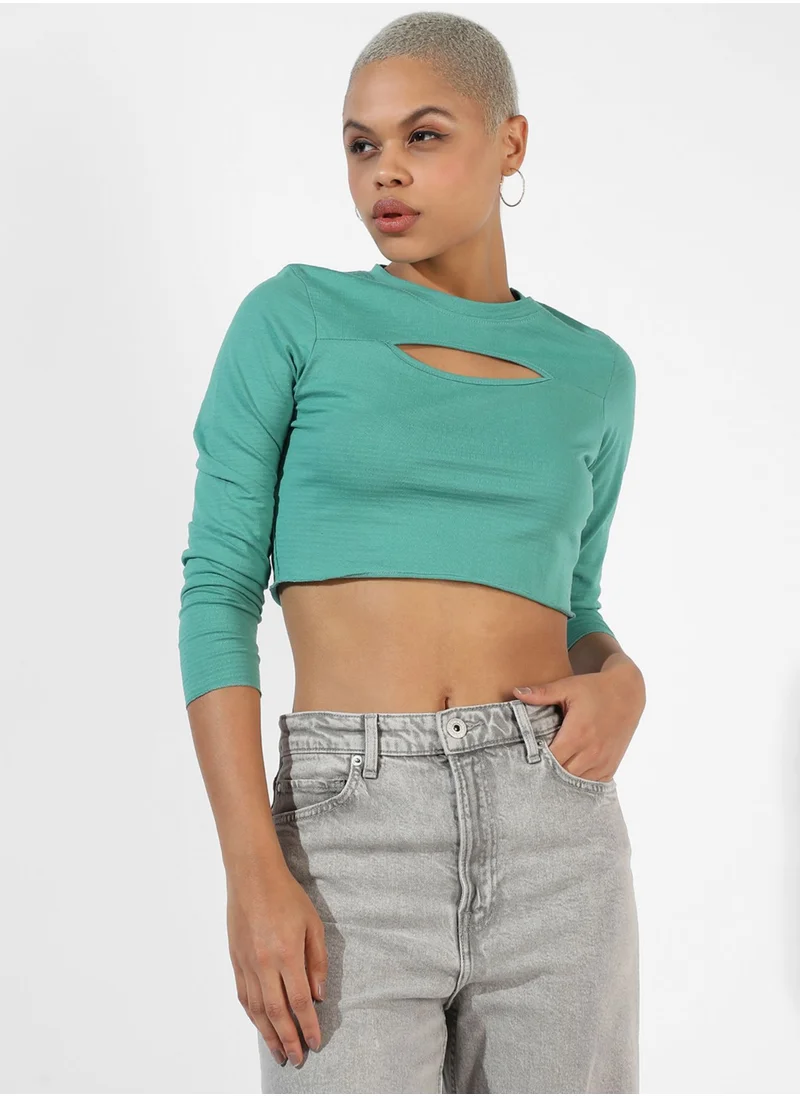 Campus Sutra Women's Solid Aqua Blue Regular Fit Top
