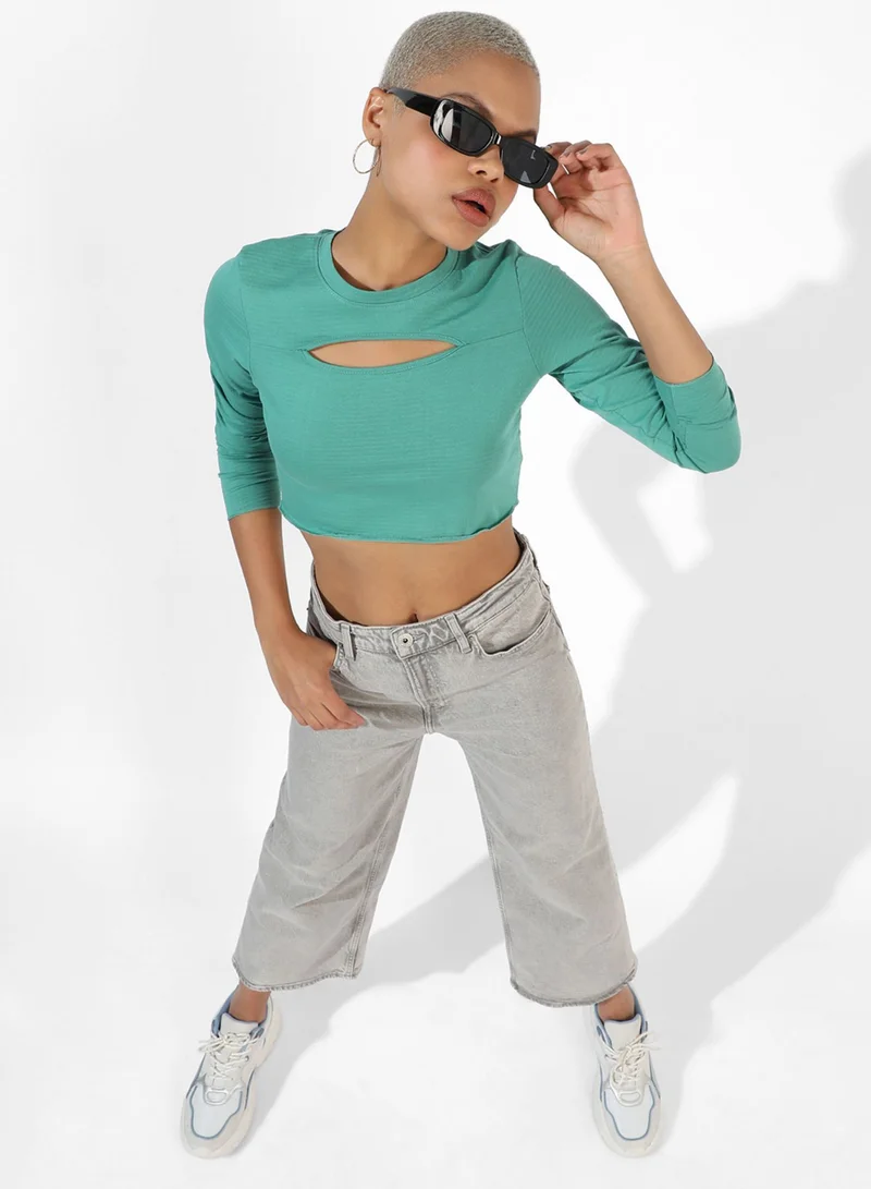 Campus Sutra Women's Solid Aqua Blue Regular Fit Top