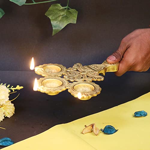 Artvarko Brass 3 Wick Diya with Handle for Aarti Pooja Incense Burner Loban Holder 6x12 Inches - Image 1