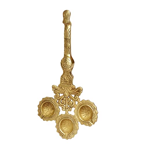 Artvarko Brass 3 Wick Diya with Handle for Aarti Pooja Incense Burner Loban Holder 6x12 Inches - Image 4