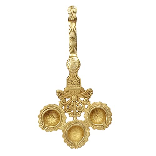 Artvarko Brass 3 Wick Diya with Handle for Aarti Pooja Incense Burner Loban Holder 6x12 Inches - Image 3