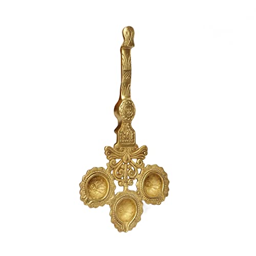 Artvarko Brass 3 Wick Diya with Handle for Aarti Pooja Incense Burner Loban Holder 6x12 Inches - Image 5