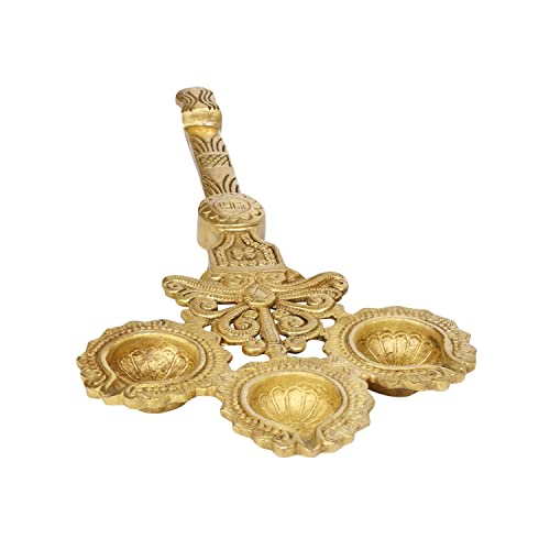Artvarko Brass 3 Wick Diya with Handle for Aarti Pooja Incense Burner Loban Holder 6x12 Inches - Image 2