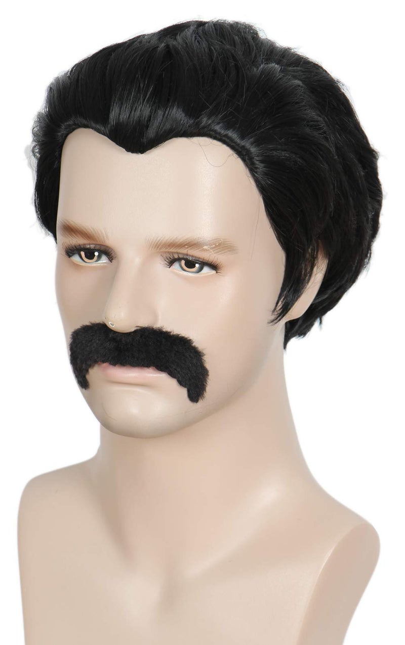 Linfairy Short 80s Costumes Mens Disco Dirt Bag Wig Moustache Halloween Cosplay Costume Black Wig