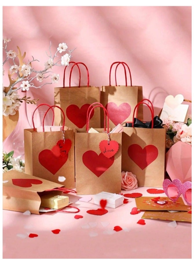 5 Red Heart Print Bags with Heart Shaped Card Attached by Rope to Bag for Engagement, Valentine's Day, Anniversary Gifts - Image 1