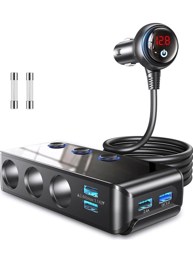 Adapter Splitter, 180W12V/24V 3-Socket Power Splitter DC Outlet with 8.5A 4 USB Ports Multifunction Car Charger, LED Display Voltage, QUICK CHARGE 3.0【Upgraded Version】On Off Switch  - Image 1