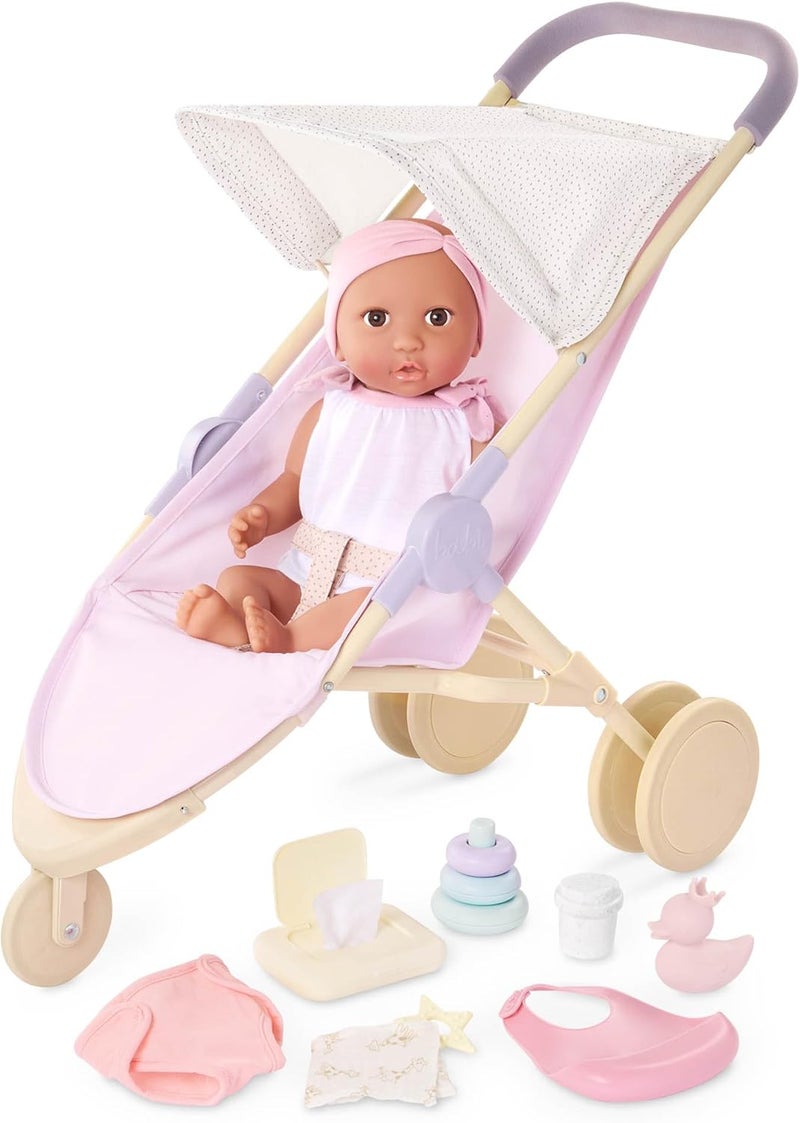 لولا بيبي LullaBaby – دمية أطفال واقعية بحجم 14 بوصة – مجموعة ملحقات الحفاضات والعناية – عيون بنية وجسم ناعم – ألعاب لعب تمثيلي – للأطفال من عمر سنتين فما فوق – مجموعة دمية أطفال وعربة جري - Image 1