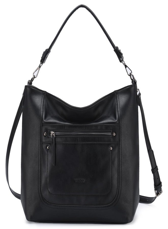 فاشي حقائب هوبو من فاشي للنساء، حقيبة يد كبيرة من الجلد النباتي، حقيبة كتف واسعة مع حزام قابل للتحويل - أسود - Image 1