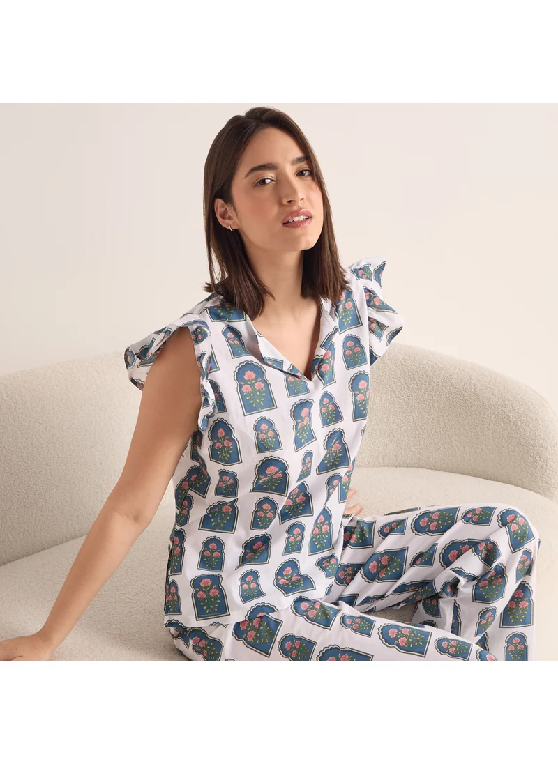 FAV Printed Ruffle Sleeves Top and Pyjama Set