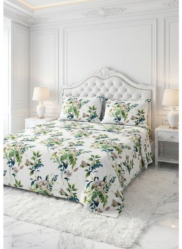 Ever Home Botanical Floral & Leaf Print Flat Bed Sheet Set in White & Green - 125 GSM Soft Nature-Inspired Fabric, Includes 2 Matching Pillowcases - Image 1