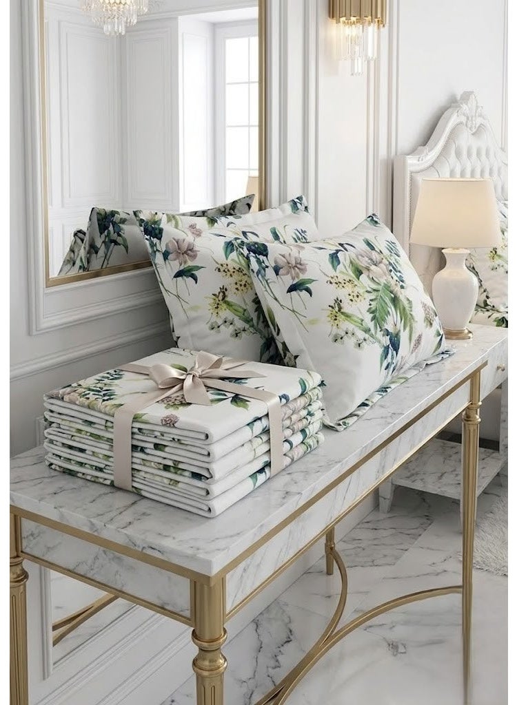 Ever Home Botanical Floral & Leaf Print Flat Bed Sheet Set in White & Green - 125 GSM Soft Nature-Inspired Fabric, Includes 2 Matching Pillowcases - Image 3