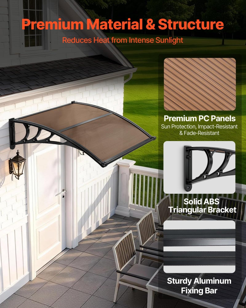 VEVOR Awnings for Door Entrance, 38" x 40" Window Door Awning Canopy Exterior with Drainage & ABS Bracket, Polycarbonate Cover Patio Door Awnings for Sun, UV, Rain, Snow Protectionï¼ˆBrownï¼‰ - Image 4