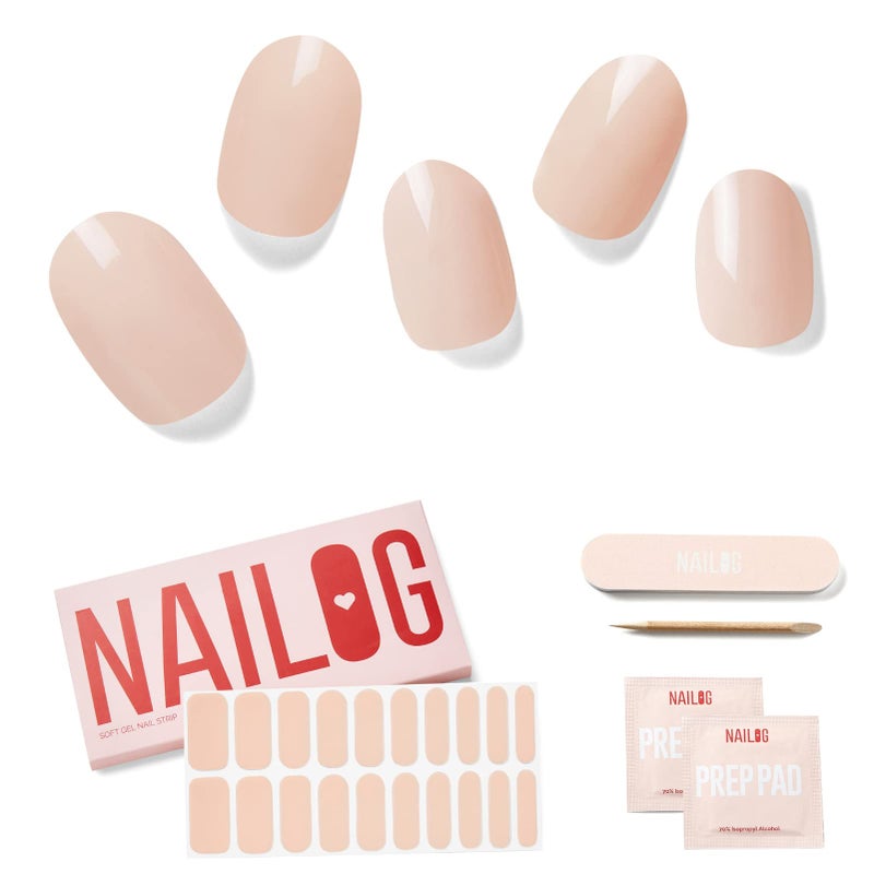 NAILOG Semi Cured Gel Nail Strips 20pcs Long Lasting Nail Polish StripsSalonQuality Gel Nail Sticker Nail Art Wrap Kit with Glossy Gel FinishingBeige