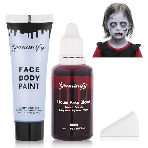 Paminify Halloween Zombie Makeup Kit101oz Zombie Grey Blue Face Body Paint and 30ml Washable Dripping Fake Blood with spongeLight Gray Face Painting SFX Cream Makeup with Stage Blood for Vampires - Image 1