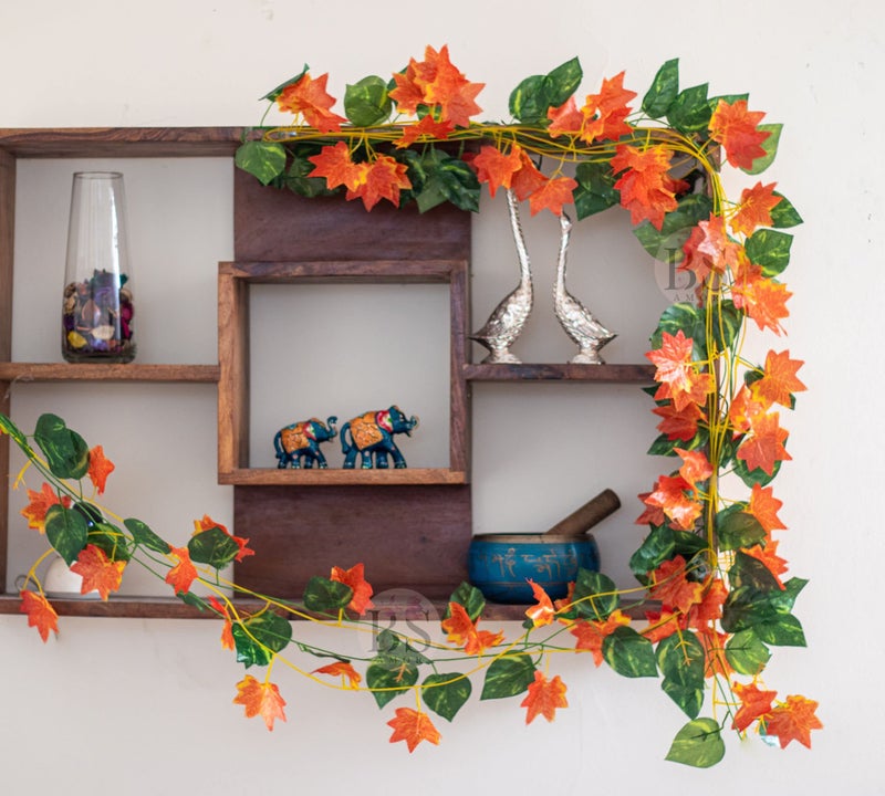 BS AMOR Home Decor Artificial Garland Money Plant and Maple Leaf Creeper/Bail Junglee Theme Combo| Wall Hanging | Speacial Ocassion Decoration Miulticolour Pack of (3 Green + 3 Orange) Strings (6) - Image 1