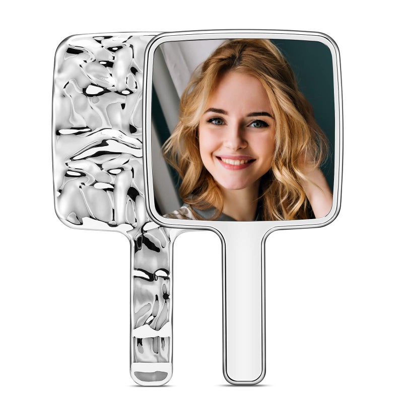 MIRRORNOVA Handheld Mirror Water Ripples Hand Mirror with Handle for Make up Square Silver Medium 5 x 9 inches