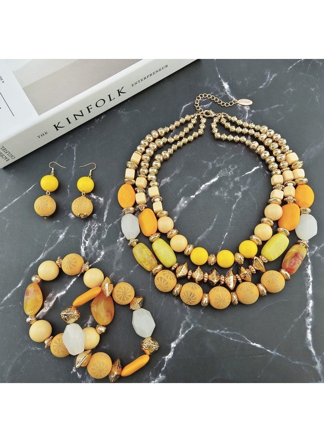 Bocar طقم قلادة بيضاء ثلاثية الطبقات مع أقراط وسوار موضة متعددة الطبقات للنساء (Nk10625Amber Yellow+Er+Br) - Image 2