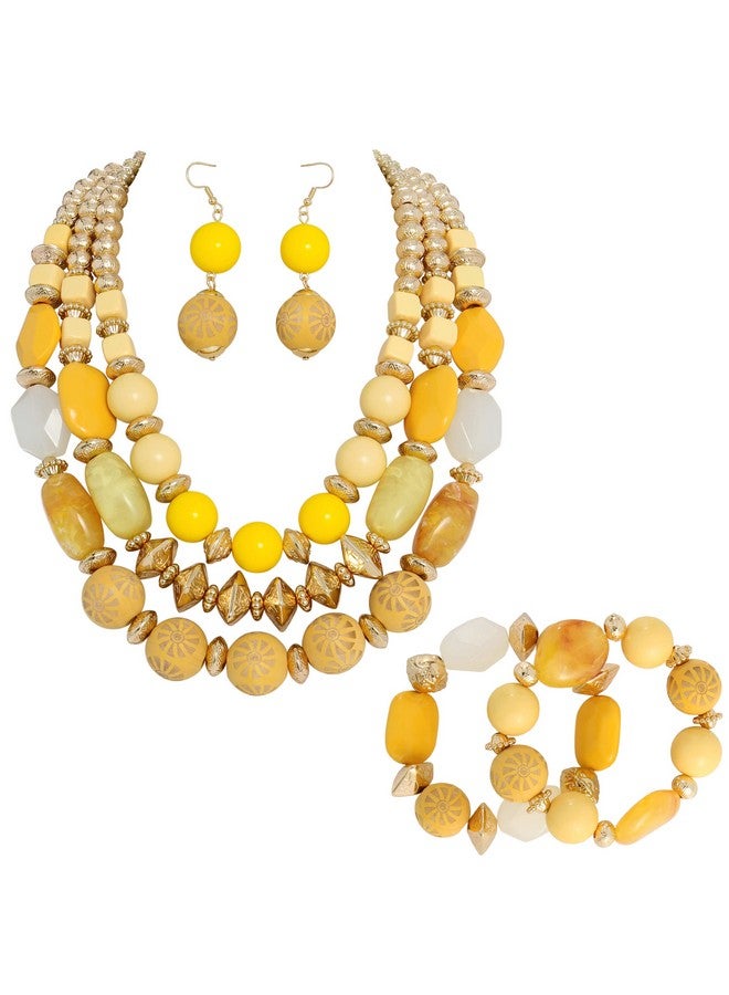 Bocar طقم قلادة بيضاء ثلاثية الطبقات مع أقراط وسوار موضة متعددة الطبقات للنساء (Nk10625Amber Yellow+Er+Br) - Image 1