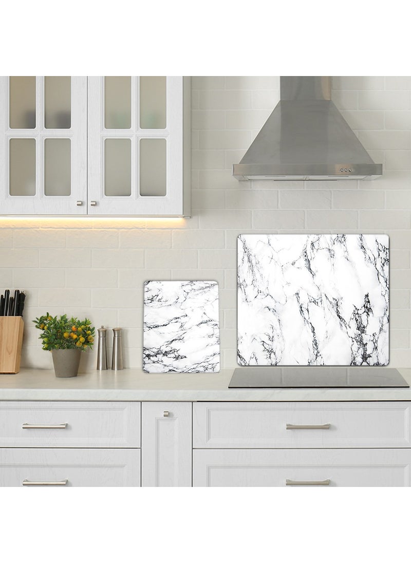 DECORITA 2-Piece Set White Marble Look | Glass Stove Back - Glass Cutting Table  - Image 1