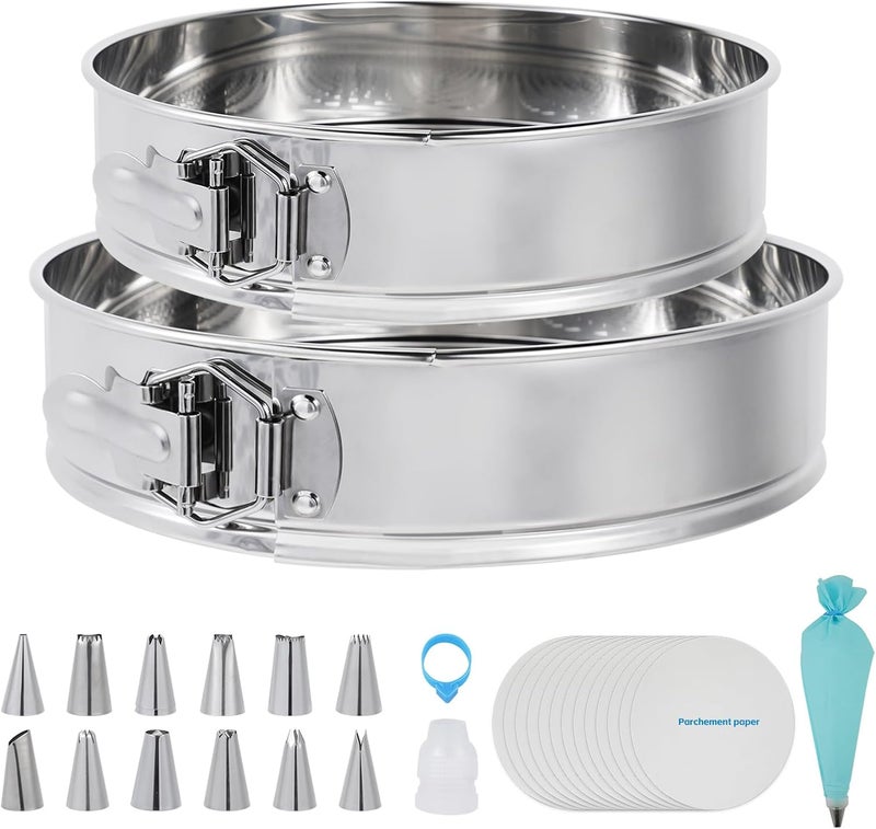 Aufind Springform Pan Set for Baking (9,10inches), 304 Stainless Steel Springform Cake Pan with Removable Bottom, Cheesecake Pan with 50PCS Parchment Paper for Pie Cake Pizza and Quiches - Image 1