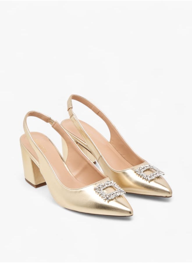 Celeste Women's Solid Slingback Shoes with Block Heels and Embellished Accent Ramadan Collection  - Image 1