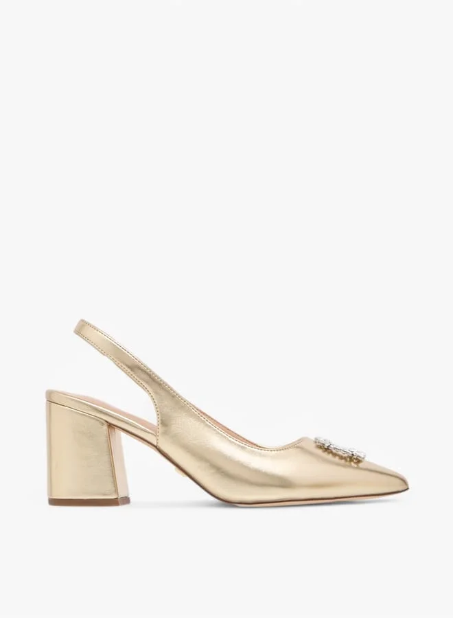Celeste Women's Solid Slingback Shoes with Block Heels and Embellished Accent