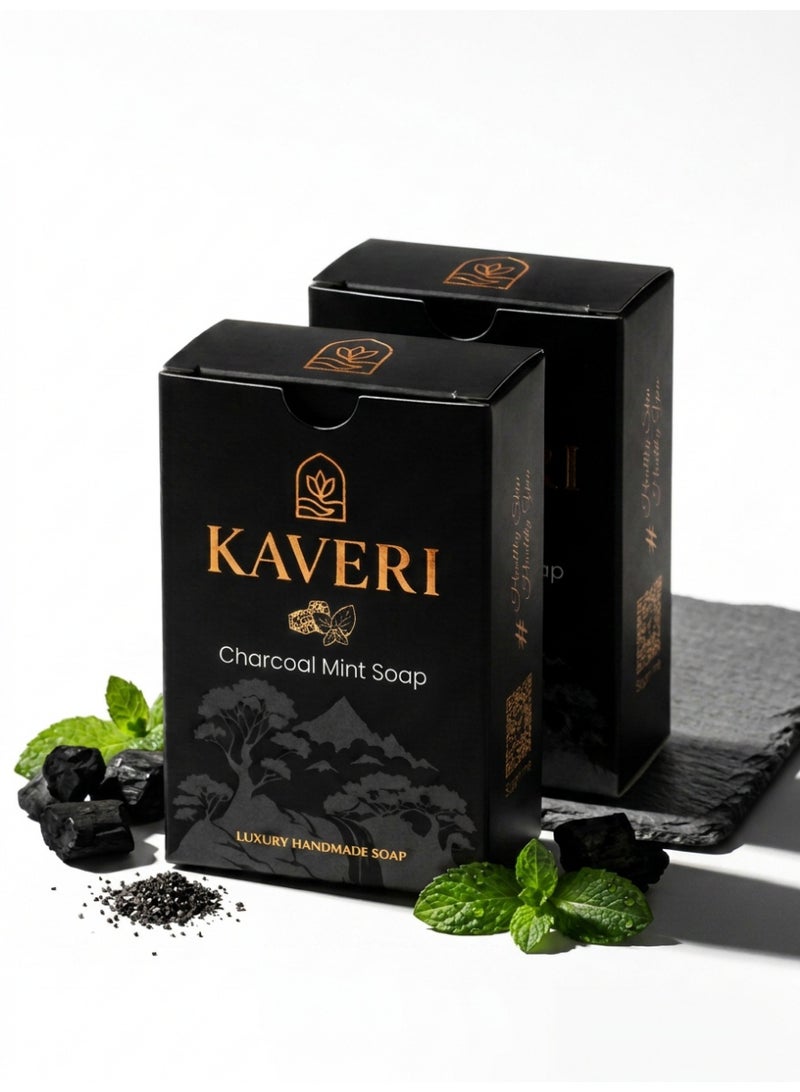 KAVERI Activated Charcoal Mint Soap Bar for Oily Skin Deep Pore Cleansing | Natural Detox Bathing Soap for Acne Oil Control | Draws out dirt, oil, and impurities | 110g (220 Gms Pack Of 2) - Image 1