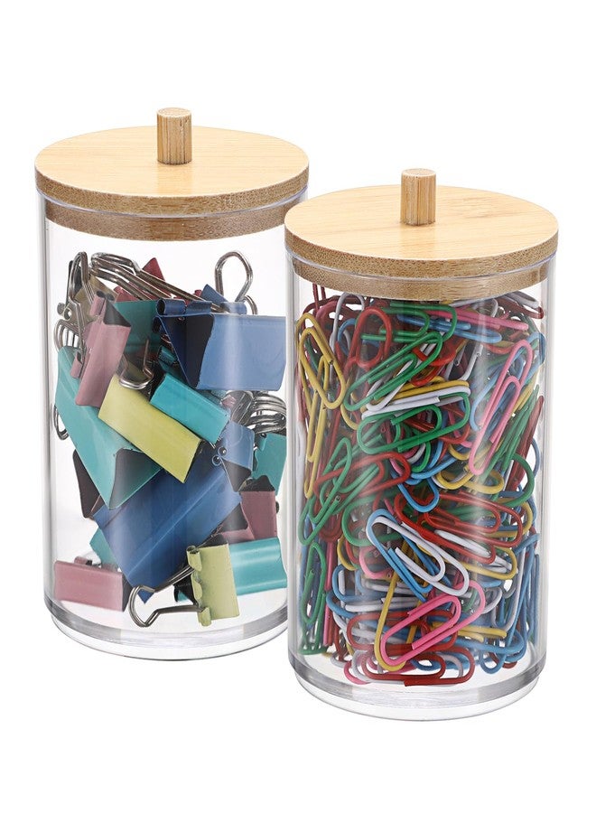 BTSKY 2 Pack Clear Paper Clip Holder with Bamboo Lid Plastic Paperclip Box Useful Office Supply Accessory Organizer Round Small Storage Holder Cute Qtip Holder for Office Bathroom Vanity - Image 1