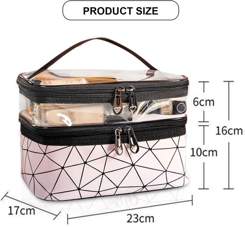 ADDCART Double Layer Makeup Bag Large Cosmetic Bag Clear Travel Cosmetic Case Toiletry Bag WaterResistant for Women Girl Camping College Pink - Image 2