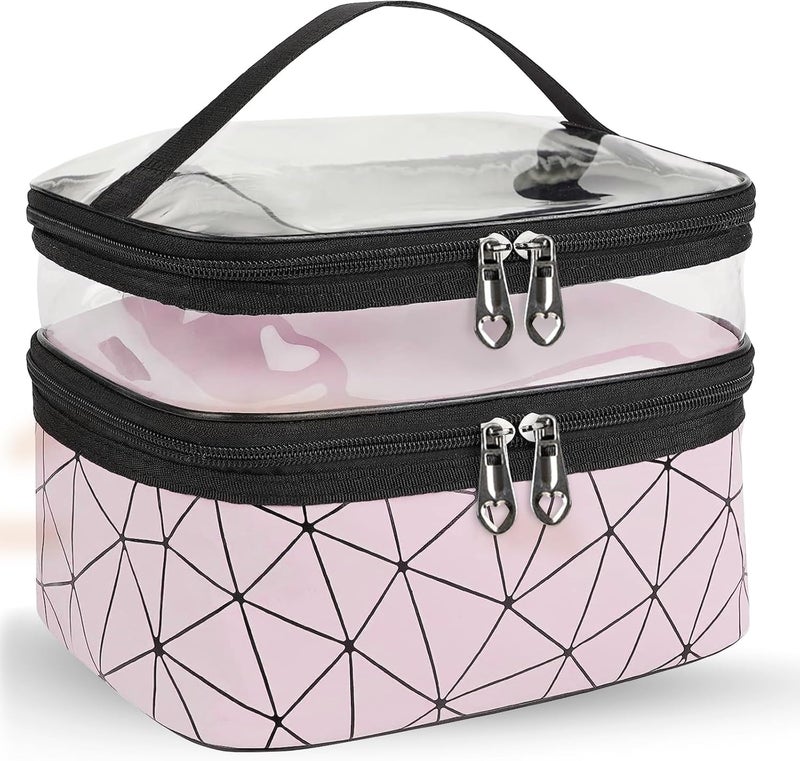 ADDCART Double Layer Makeup Bag Large Cosmetic Bag Clear Travel Cosmetic Case Toiletry Bag WaterResistant for Women Girl Camping College Pink - Image 1