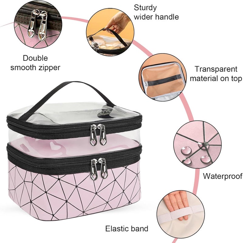ADDCART Double Layer Makeup Bag Large Cosmetic Bag Clear Travel Cosmetic Case Toiletry Bag WaterResistant for Women Girl Camping College Pink - Image 3